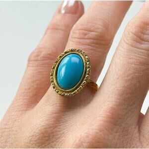 Vintage Style Turquoise Ring Gold Tone Oval Cabochon Statement Ring Size 9.5